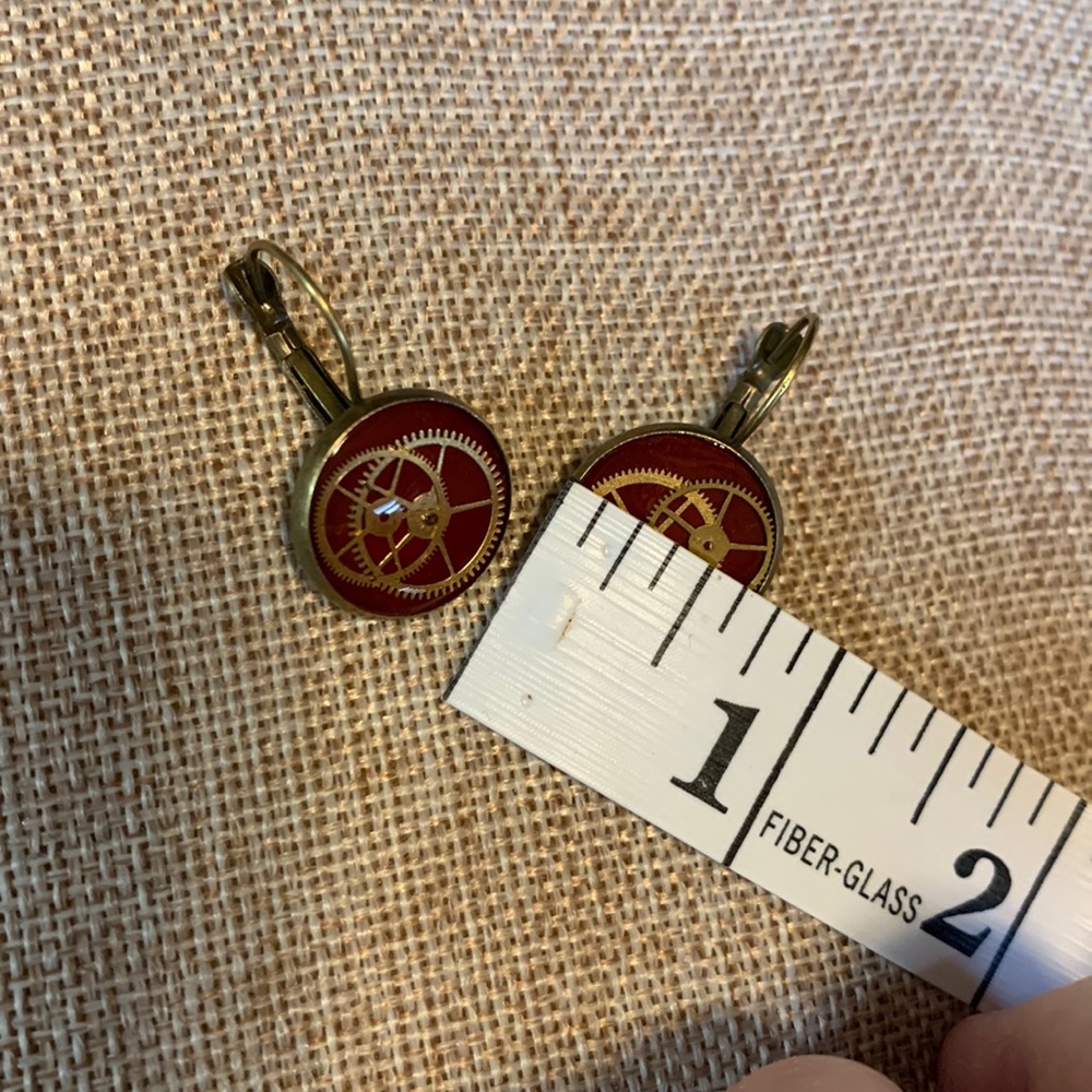 Red Earrings Gears French Levers Handmade New - Picture 4 of 5